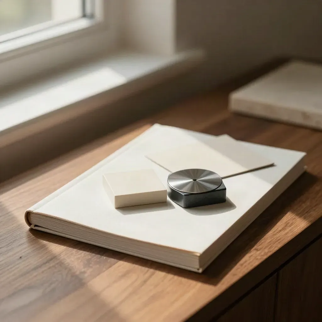 Beleggingsstarterkit met matte blokken, metalen schijf en gesloten gids op warm hout.