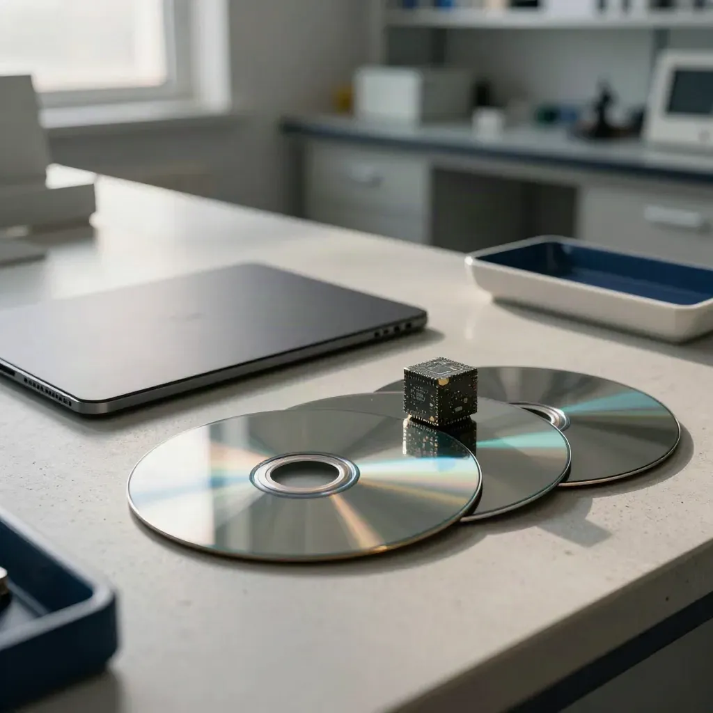 Graphiet tablet, microchipblok en siliciumschijven op een werkbank in zacht ochtendlicht.