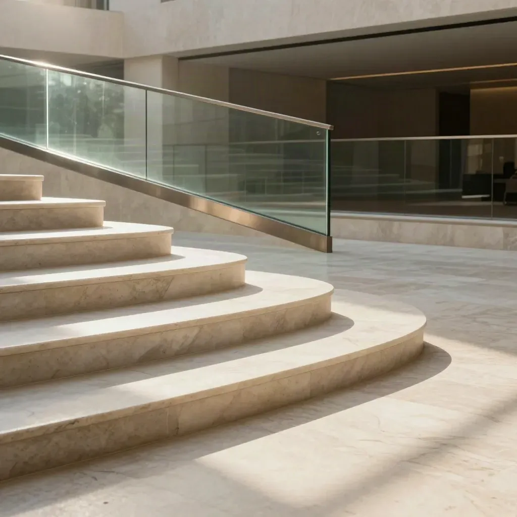 Marmeren atrium met lange schaduwen, glazen balustrade en zachte groene reflectie.
